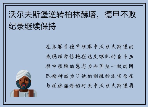 沃尔夫斯堡逆转柏林赫塔,德甲不败纪录继续保持